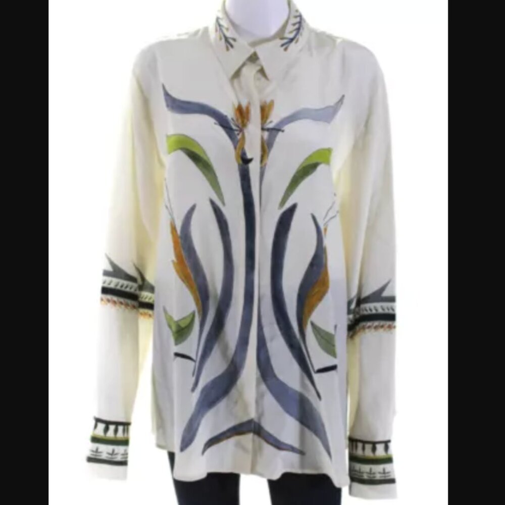 Altuzarra Chika Botanical Print Button Up Blouse Ivory Silk Size IT46 XL L $995 - Picture 5 of 5